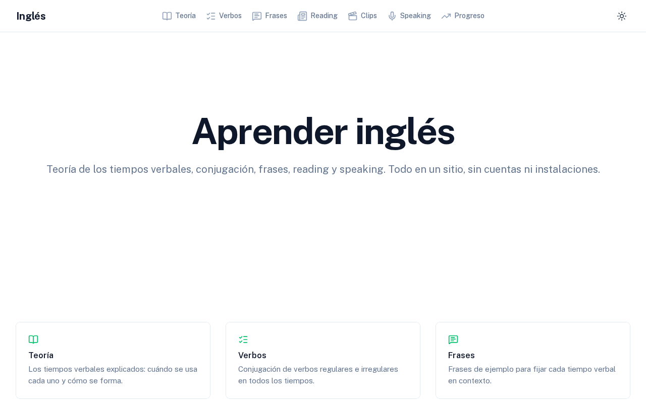 Captura de la portada de Aprender inglés con navegación y tarjetas de teoría, verbos, frases, reading, clips y speaking